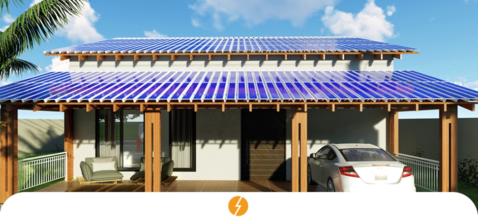 fachada de uma garagem residencial com seu telhado repleto de placas de energia solar fotovoltaica