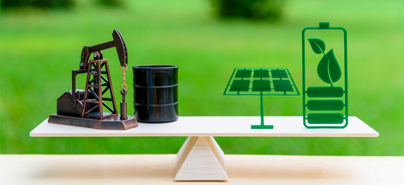 ícone de uma máquina extratora de petróleo, um pequeno barril da cor preta e logo ao lado ícones que dão referências a energias sustentáveis