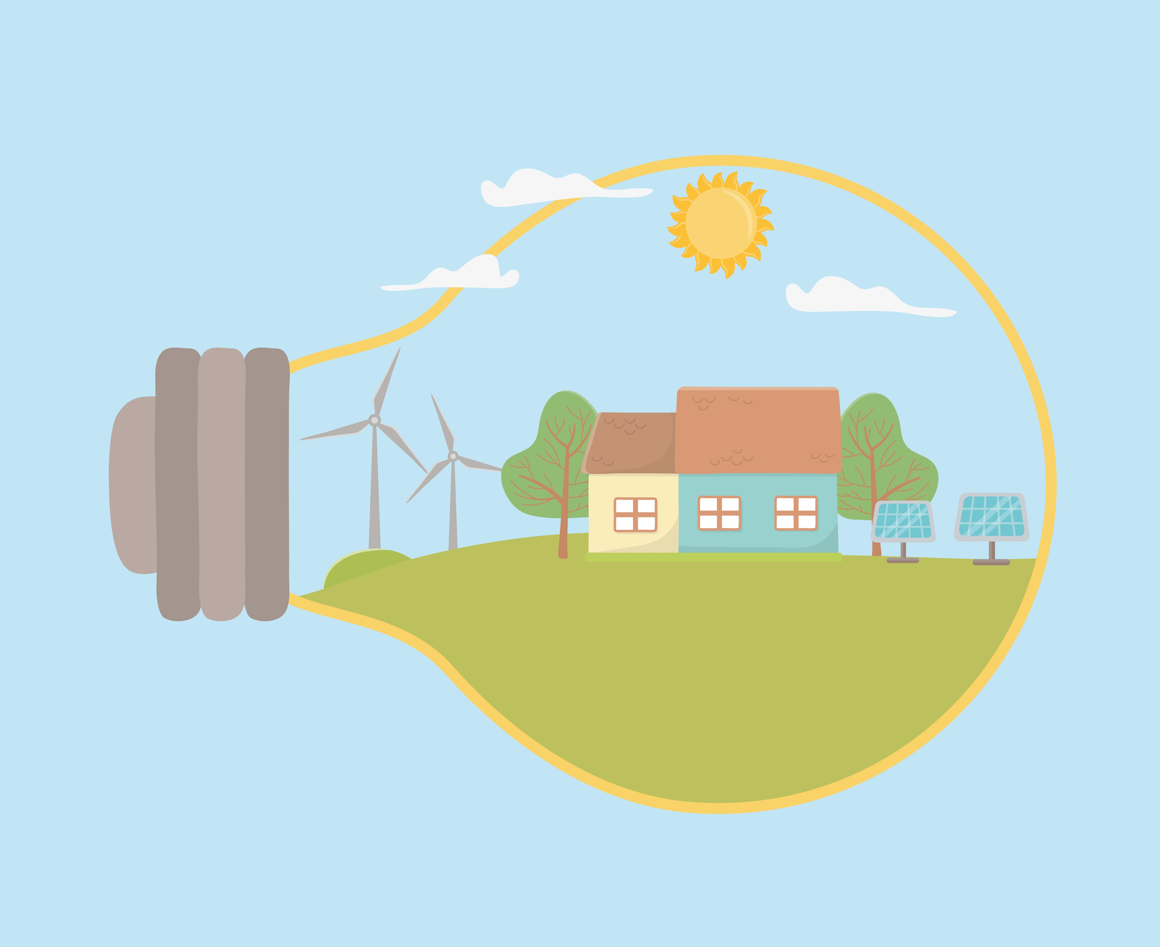 imagem de uma lâmpada com desenhos de placas solares e torre eólica simbolizando o uso da energia renovável