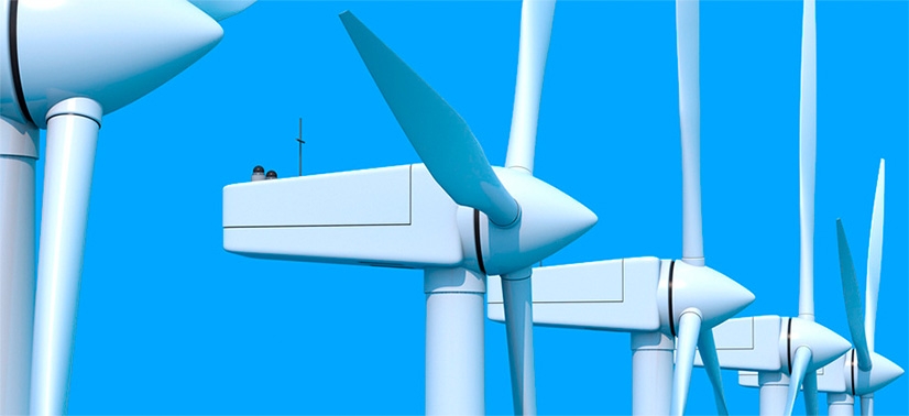 vários aerogeradores, que são grandes turbinas eólicas usadas para gerar energia elétrica a partir da força do vento