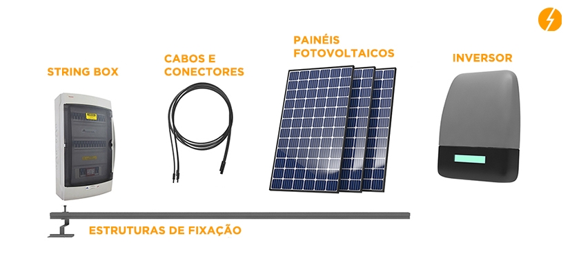 kit energia solar com string box, cabos conectores, painéis fotovoltaicos, inversor e estruturas de fixação