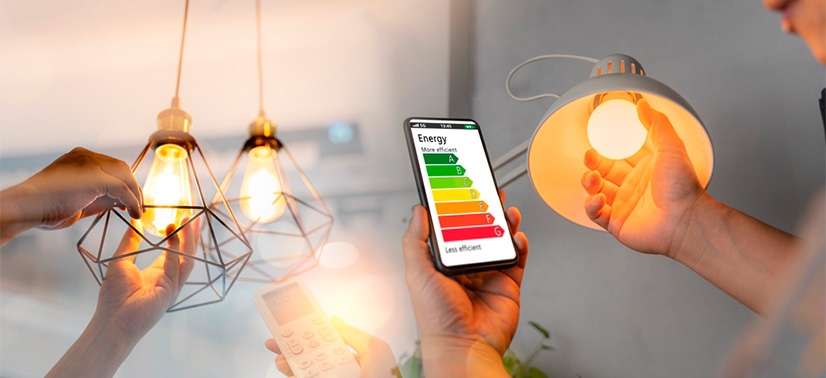 pessoas mexendo em suas lâmpadas com luzes amarela e uma mão segurando um celular com informações sobre a eficiência energética