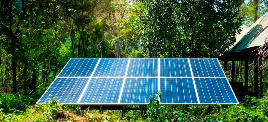 dez placas de energia solar posicionadas ao fundo de uma residência no meio da floresta
