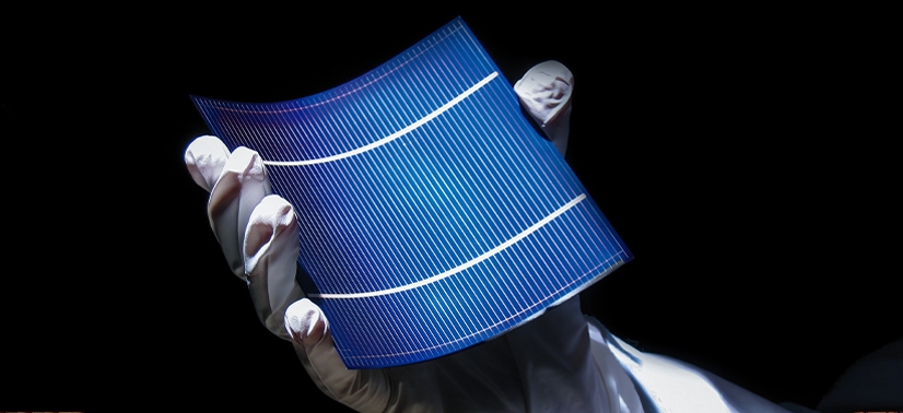 Uma mão segurando uma célula fotovoltaica