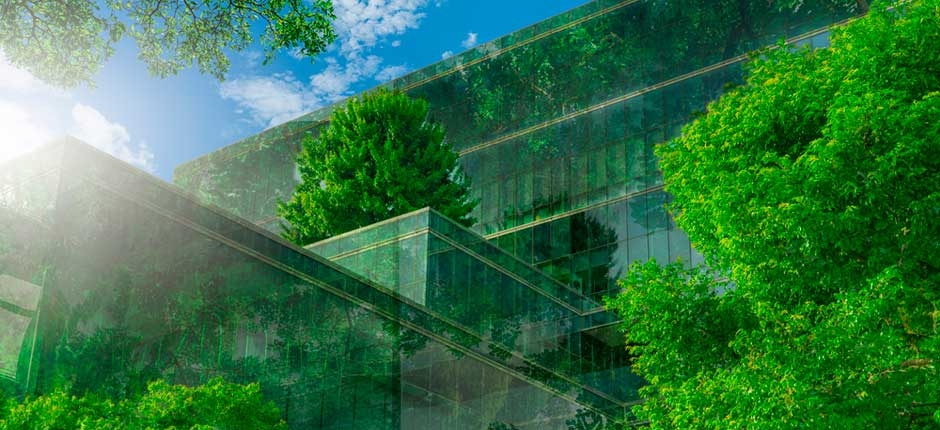 

edifício moderno com fachadas de vidro que estão refletindo o verde da floresta, dando alusão a economia sustentável
