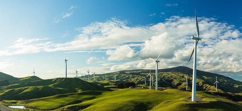 campo com várias turbinas eólica gerando energia através do vento, chamada energia eólica