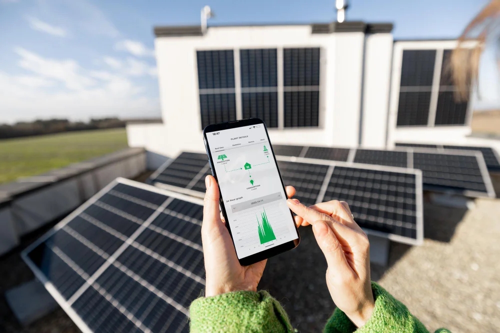 pessoa analisando a geração de energia solar através de um aplicativo de monitoramento do seu celular