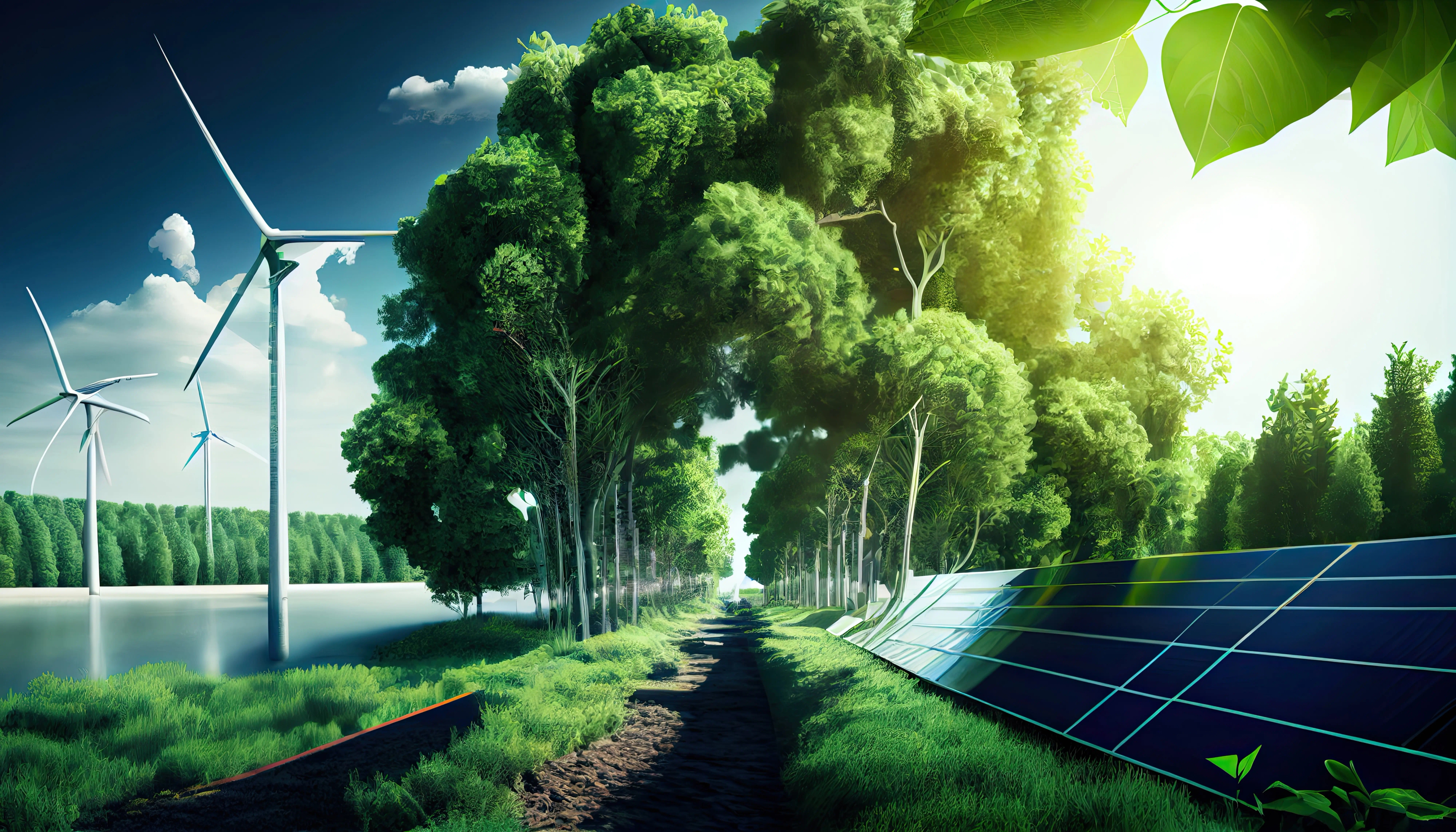 placas de energia solar, torre de energia eólica e ao fundo uma floresta cheia de árvores e folhas verdes