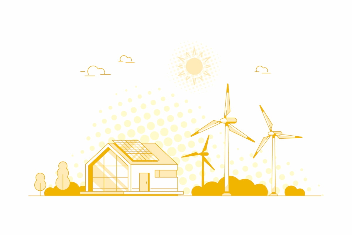 imagem ilustrando uma paisagem de casas modernas e fontes de energia renovável, simbolizando a vantagem em ter energia solar