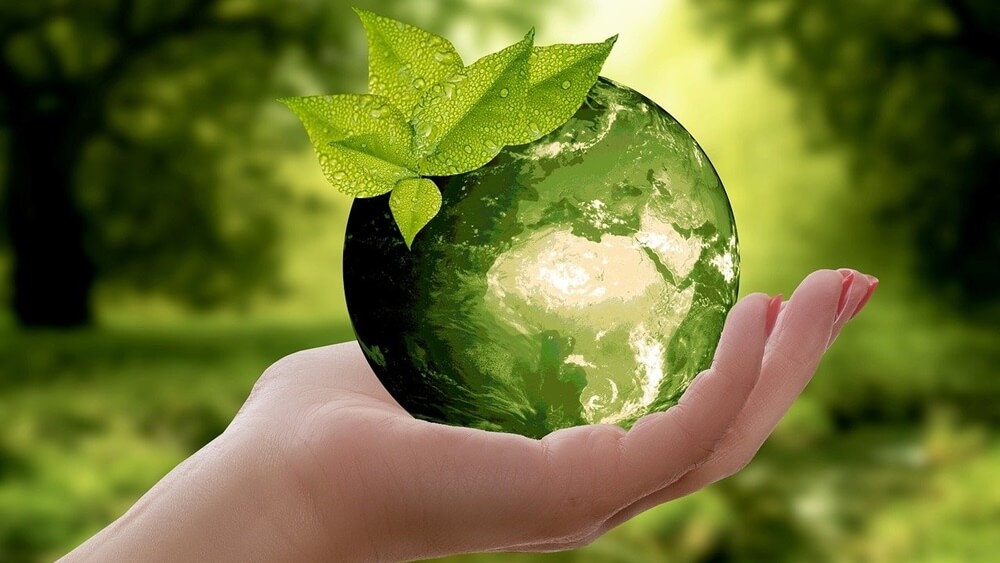 mão de uma pessoa segurando uma pequena bola verde, ilustrando o planeta terra e a preservação do meio ambiente