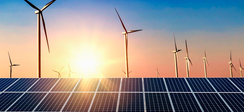 dois tipos de tecnologia de energia renovável, a energia eólica e as placas de energia solar fotovoltaica