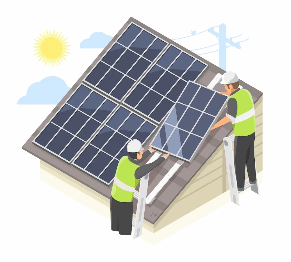 time de instaladores de energia solar realizando a manutenção no telhado de uma residência 