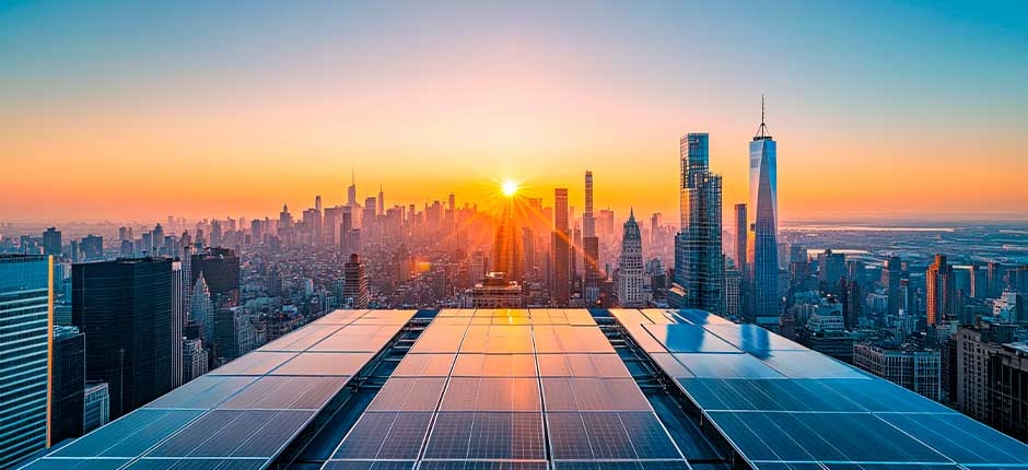 PÔR DO SOL SOBRE A CIDADE DE NOVA YORK COM PAINÉIS SOLARES NOS TELHADOS