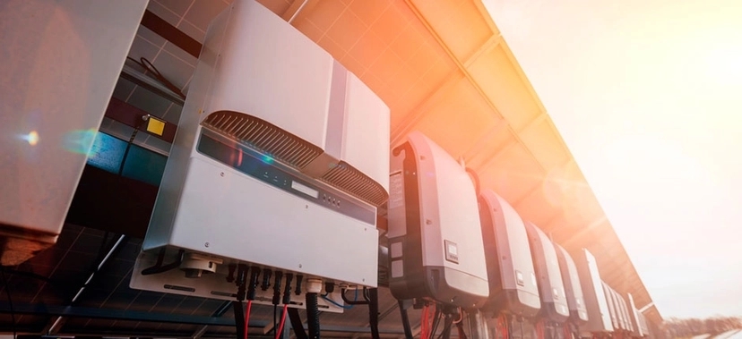 SÉRIE DE INVERSORES SOLARES INSTALADOS SOB PAINÉIS FOTOVOLTAICOS, CAPTANDO LUZ SOLAR INTENSA AO ENTARDECER