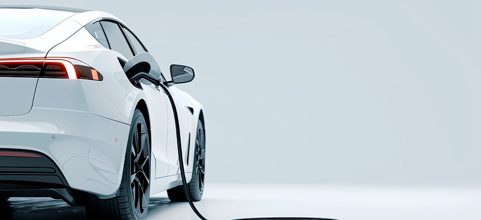 CARRO ELÉTRICO BRANCO SENDO CARREGADO POR CABO CONECTADO EM ESTAÇÃO DE RECARGA, EM AMBIENTE LIMPO E MINIMALISTA
