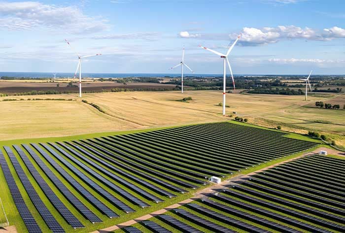 VISTA AÉREA DE UMA USINA DE ENERGIA RENOVÁVEL EM UMA ÁREA RURAL, COM UMA GRANDE PLANTAÇÃO DE PAINÉIS SOLARES NO PRIMEIRO PLANO E DIVERSOS AEROGERADORES (TURBINAS EÓLICAS) AO FUNDO, CERCADOS POR CAMPOS AGRÍCOLAS SOB UM CÉU PARCIALMENTE NUBLADO