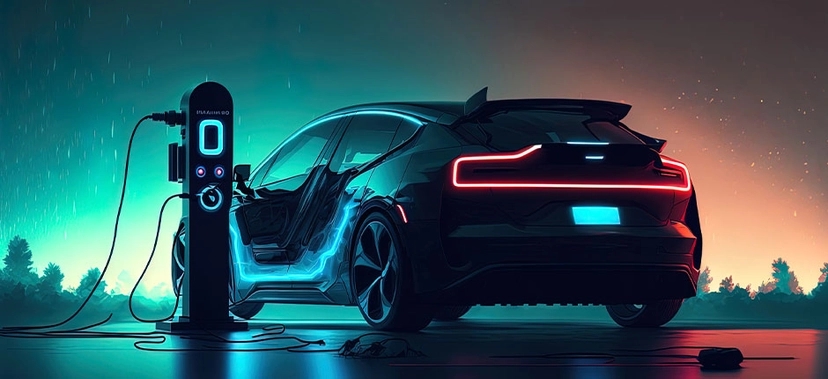 CARRO ELÉTRICO MODERNO SENDO RECARREGADO EM ESTAÇÃO DE CARREGAMENTO DURANTE O ENTARDECER, COM DESTAQUE PARA EFEITOS VISUAIS DA ENERGIA