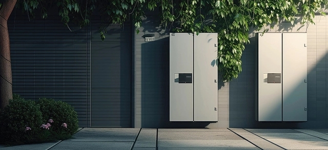 Baterias de armazenamento de energia instaladas em fachada com plantas ao redor