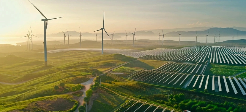 PAISAGEM COM CAMPO DE ENERGIA RENOVÁVEL, MOSTRANDO TURBINAS EÓLICAS EM COLINAS VERDES E UMA GRANDE USINA SOLAR COM PAINÉIS FOTOVOLTAICOS ALINHADOS, AO AMANHECER, COM MONTANHAS AO FUNDO