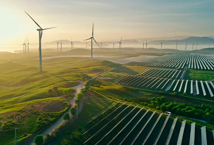 PAISAGEM COM CAMPO DE ENERGIA RENOVÁVEL, MOSTRANDO TURBINAS EÓLICAS EM COLINAS VERDES E UMA GRANDE USINA SOLAR COM PAINÉIS FOTOVOLTAICOS ALINHADOS, AO AMANHECER, COM MONTANHAS AO FUNDO