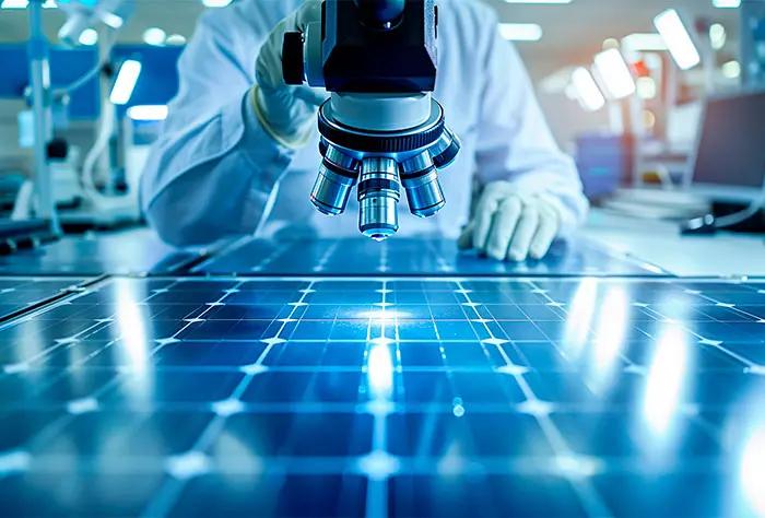 PESQUISADOR ANALISANDO UMA PLACA SOLAR COM MICROSCÓPIO EM LABORATÓRIO