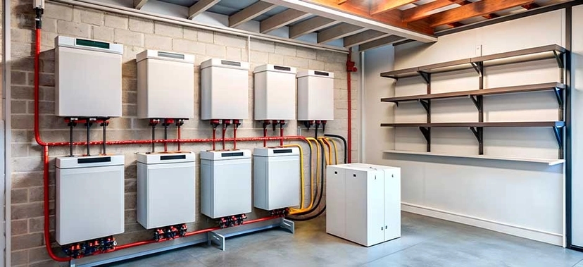 SALA TÉCNICA COM SISTEMA DE ARMAZENAMENTO DE ENERGIA COMPOSTO POR VÁRIAS BATERIAS MODULARES INSTALADAS NA PAREDE, INTERLIGADAS POR TUBULAÇÕES E CABOS COLORIDOS; AO LADO, PRATELEIRAS METÁLICAS VAZIAS FIXADAS NA PAREDE