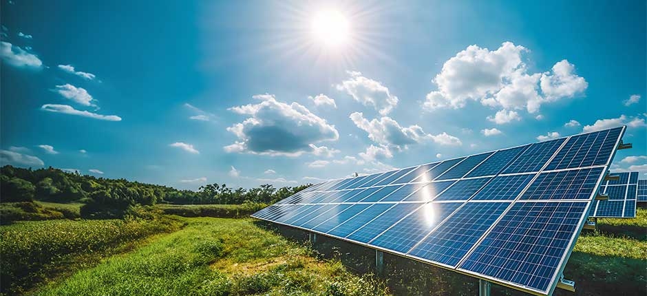 LUZ SOLAR INTENSA SOBRE USINA FOTOVOLTAICA NO CAMPO