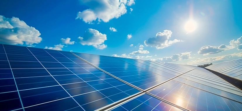 PAINÉIS SOLARES FOTOVOLTAICOS REFLETINDO A LUZ DO SOL SOB UM CÉU AZUL COM ALGUMAS NUVENS