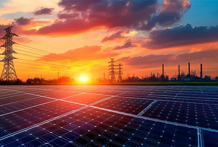 PAINÉIS SOLARES EM PRIMEIRO PLANO CAPTAM ENERGIA AO ENTARDECER, COM TORRES DE TRANSMISSÃO ELÉTRICA E UMA USINA AO FUNDO, SOB UM CÉU COLORIDO PELO PÔR DO SOL