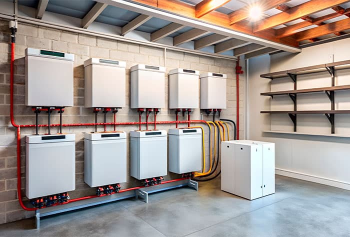 SALA TÉCNICA COM SISTEMA DE ARMAZENAMENTO DE ENERGIA COMPOSTO POR VÁRIAS BATERIAS MODULARES INSTALADAS NA PAREDE, INTERLIGADAS POR TUBULAÇÕES E CABOS COLORIDOS; AO LADO, PRATELEIRAS METÁLICAS VAZIAS FIXADAS NA PAREDE