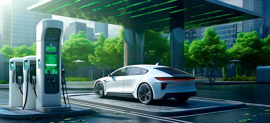 CARRO ELÉTRICO BRANCO SENDO CARREGADO EM UMA ESTAÇÃO MODERNA DE RECARGA, COM AMBIENTE URBANO AO FUNDO E ÁRVORES AO REDOR