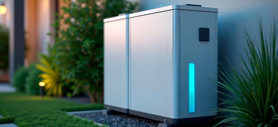 SISTEMA DE BATERIA RESIDENCIAL MODERNO INSTALADO AO AR LIVRE, CERCADO POR VEGETAÇÃO E ILUMINAÇÃO SUAVE