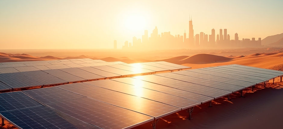 PAINÉIS SOLARES INSTALADOS EM UM DESERTO AO PÔR DO SOL, COM UMA CIDADE MODERNA E ARRANHA-CÉUS AO FUNDO, SIMBOLIZANDO O AVANÇO DA ENERGIA SOLAR NO ORIENTE MÉDIO