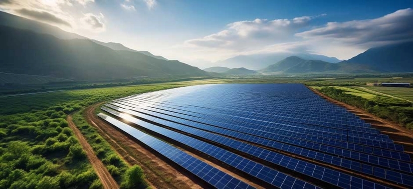 VISTA PANORÂMICA DE UMA GRANDE USINA SOLAR FOTOVOLTAICA INSTALADA EM UMA ÁREA RURAL, CERCADA POR VEGETAÇÃO E MONTANHAS AO FUNDO, COM CÉU PARCIALMENTE NUBLADO AO ENTARDECER