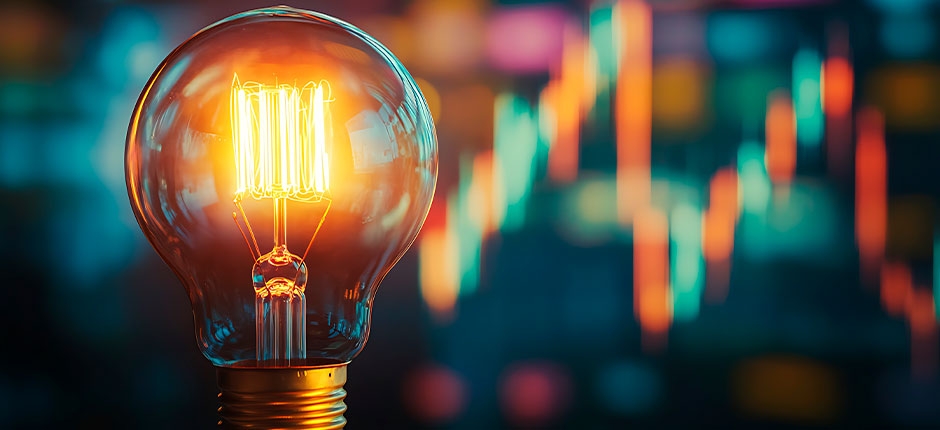 LÂMPADA INCANDESCENTE ACESA EM DESTAQUE, COM GRÁFICO COLORIDO DE MERCADO DE ENERGIA DESFOCADO AO FUNDO