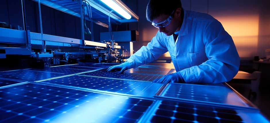 TÉCNICO INSPECIONA PAINÉIS SOLARES EM LABORATÓRIO