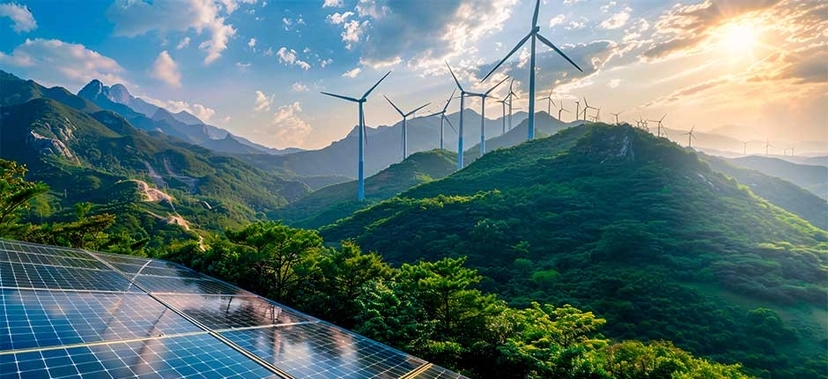 VISTA PANORÂMICA DE UMA PAISAGEM MONTANHOSA COM DIVERSAS TURBINAS EÓLICAS DISTRIBUÍDAS PELAS COLINAS E PAINÉIS SOLARES EM PRIMEIRO PLANO, SOB UM CÉU PARCIALMENTE NUBLADO COM O SOL AO FUNDO