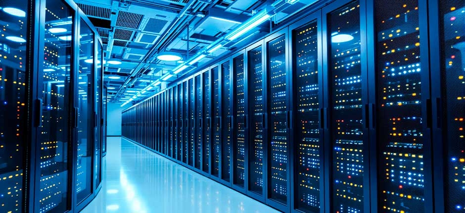 CORREDOR DE UM DATA CENTER MODERNO COM SERVIDORES ILUMINADOS POR LUZES AZUIS E INDICADORES LED PISCANDO