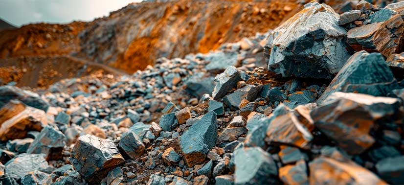 Mina de terras raras com pequena pilha de minerais extraídos
