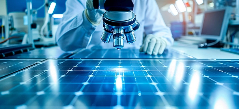 PESQUISADOR ANALISANDO UMA PLACA SOLAR COM MICROSCÓPIO EM LABORATÓRIO