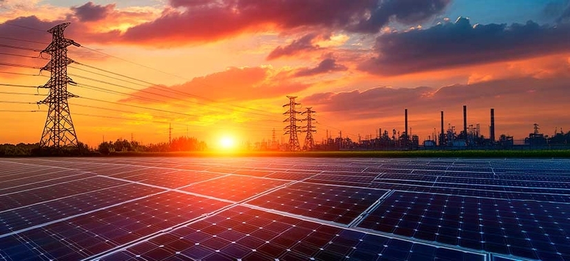PAINÉIS SOLARES EM PRIMEIRO PLANO CAPTAM ENERGIA AO ENTARDECER, COM TORRES DE TRANSMISSÃO ELÉTRICA E UMA USINA AO FUNDO, SOB UM CÉU COLORIDO PELO PÔR DO SOL