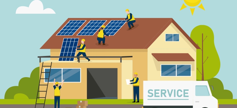 imagem ilustrativa de um desenho mostrando instaladores de energia solar realizando a instalação de placas solares