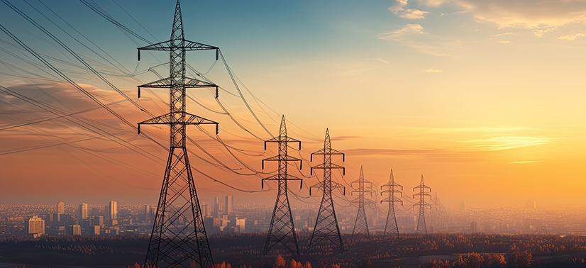 torres de corrente e transmissão de energia elétrica e ao fundo um céu azul e laranja