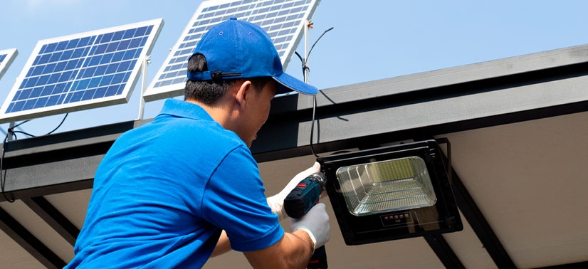 Técnico fazendo instalação de luminária solar no teto de uma casa, com fio conectando uma placa solar à luminaria.