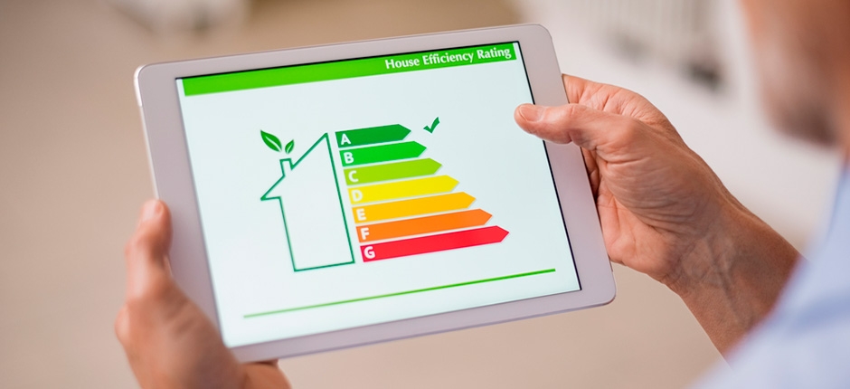 pessoa com um tablet na mão analisando informações sobre a eficiência energética de um dos seus produtos