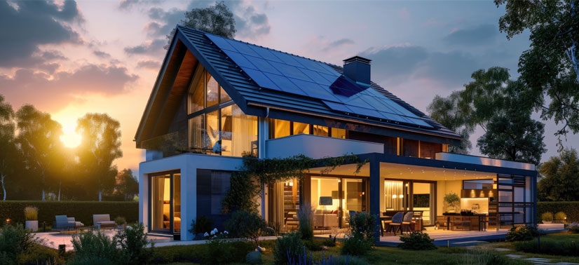 Casa com um sistema fotovoltaico que utiliza uma string box