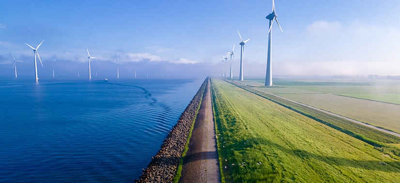 lado direito um mar com várias torres de energia eólica e ao lado direito torres de energia eólica em terra firme