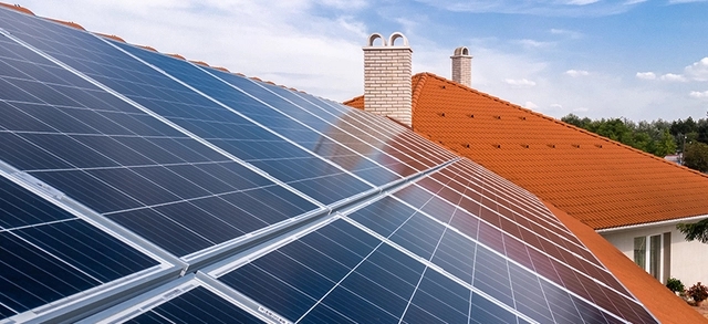 placas solares sob o telhado de uma residência