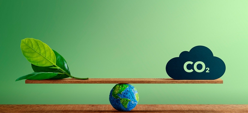 uma balança com um pequeno globo terrestre servindo como o ponto de equilíbrio. De um lado da balança, há uma folha verde e do outro lado, há uma nuvem com o texto CO2