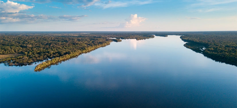 um rio com uma densa floresta em ambos os lados e um céu limpo e cheio de nuvens